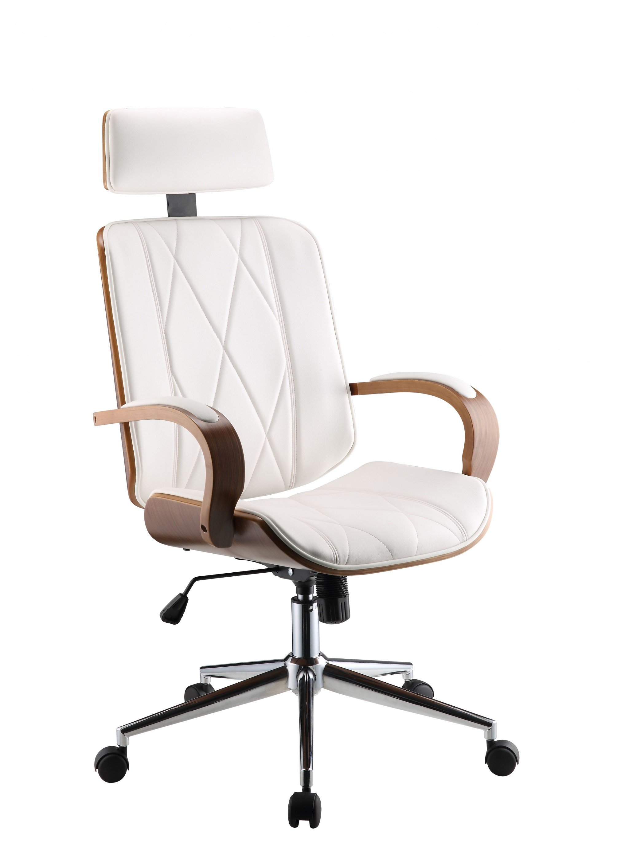 Stylish white leatherette and walnut office chair with padded seat and backrest, designed for modern workspaces.