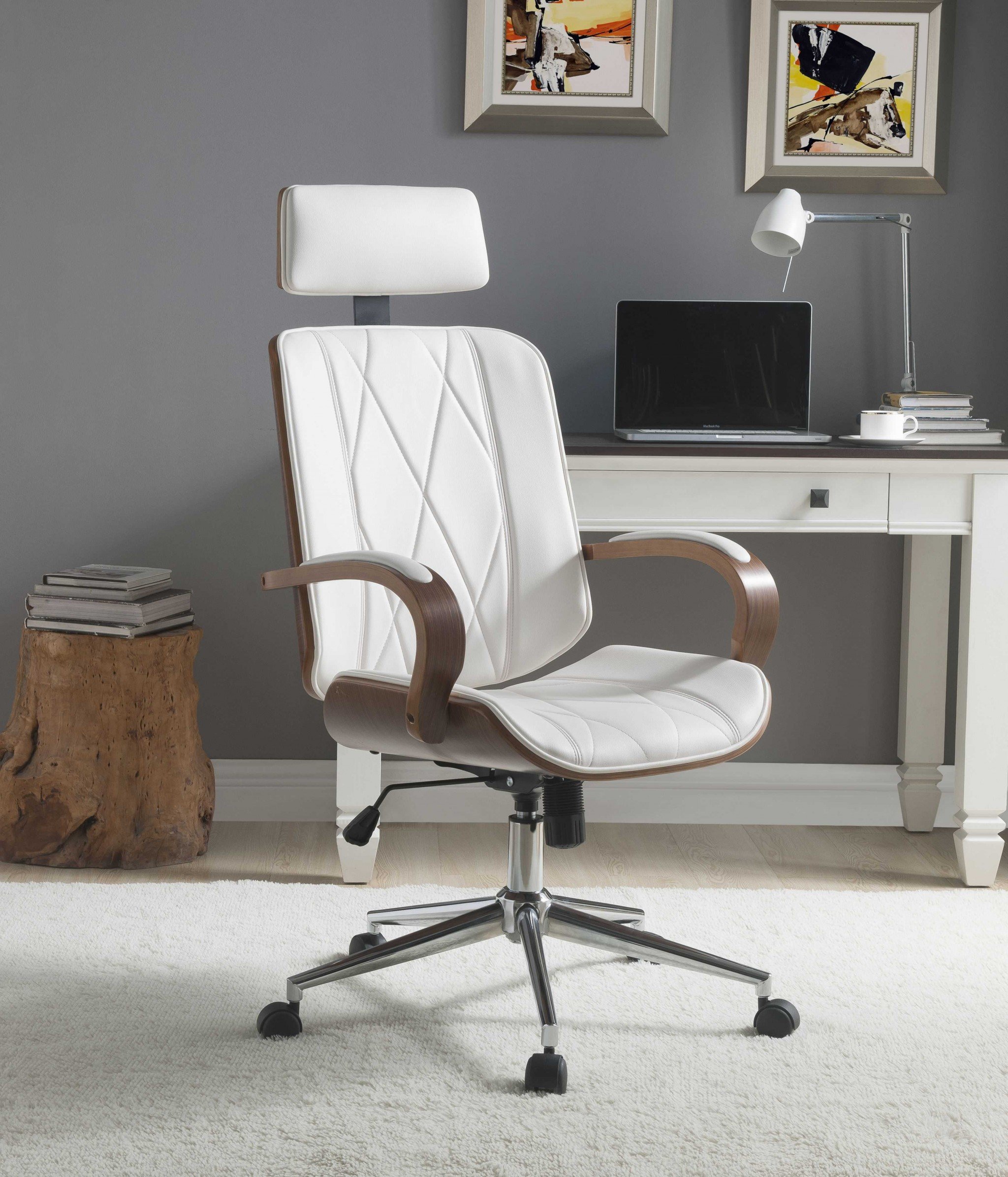 Stylish white leatherette and walnut office chair with padded seat and backrest, designed for modern workspaces.