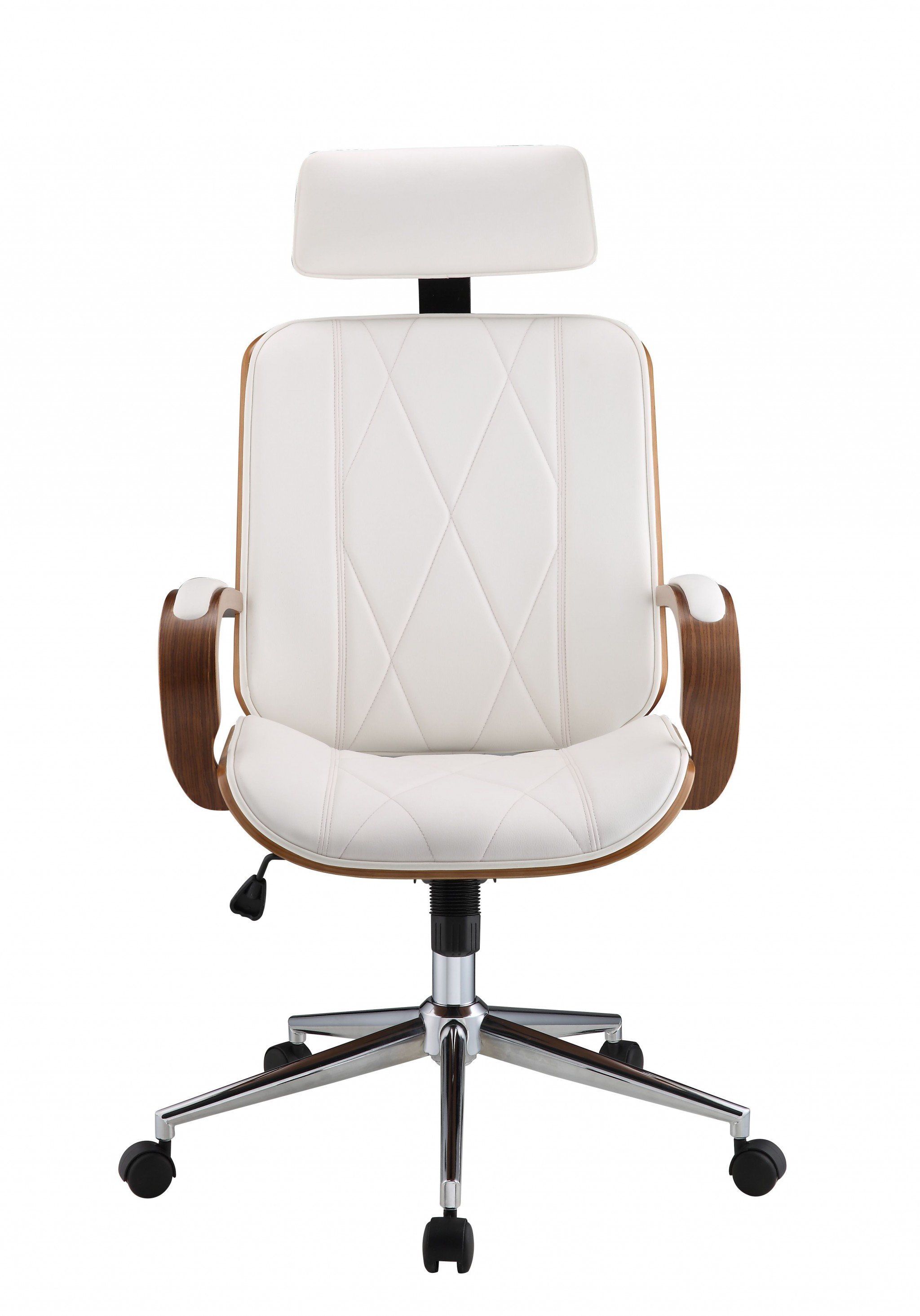 Stylish white leatherette and walnut office chair with padded seat and backrest, designed for modern workspaces.