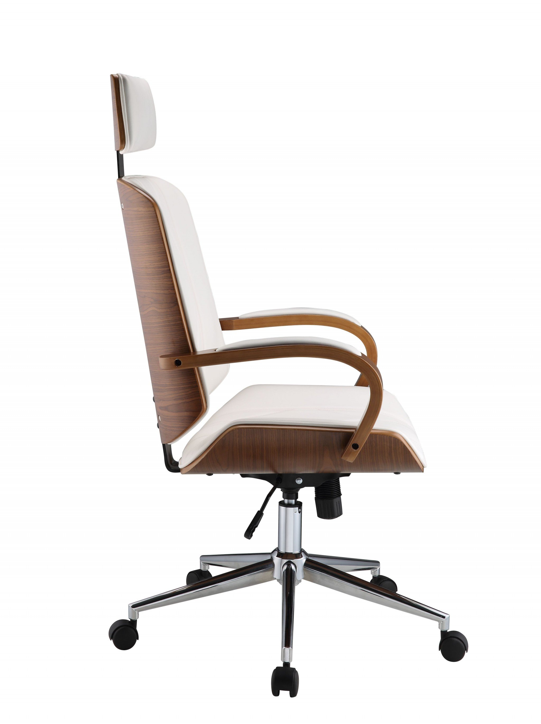 Stylish white leatherette and walnut office chair with padded seat and backrest, designed for modern workspaces.