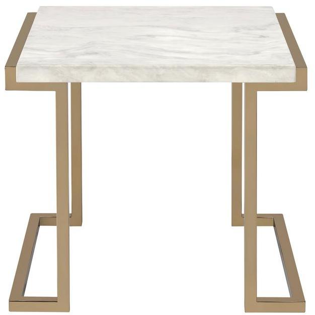 A stylish 24x22 faux marble champagne end table featuring a rectangular top and a champagne finished C-shape metal base, perfect for modern decor.