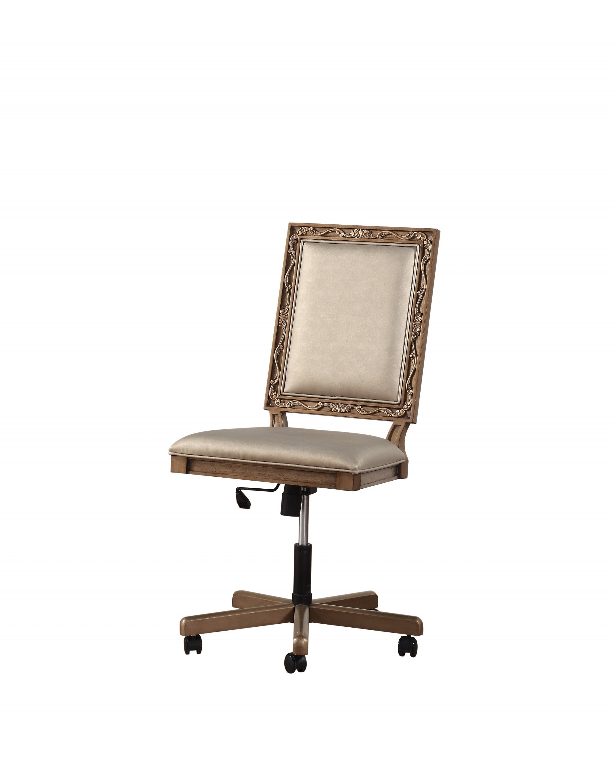 Elegant 24x22x41 inches champagne faux leather upholstered executive office chair with wooden trim and antique gold finish.