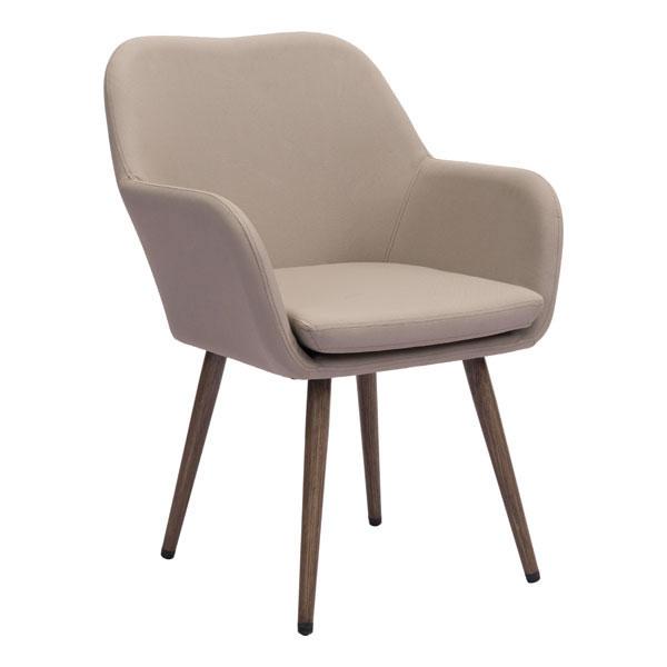 A stylish taupe dining chair made of sunproof fabric, featuring plush cushioning and durable aluminum legs with a wood-tone finish, perfect for outdoor use.