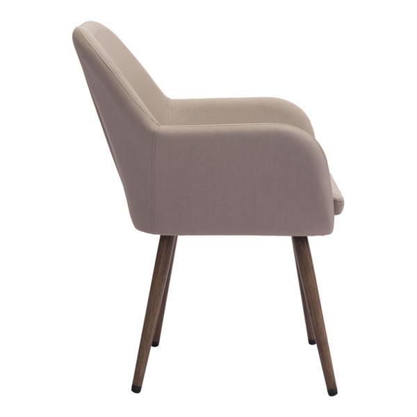 A stylish taupe dining chair made of sunproof fabric, featuring plush cushioning and durable aluminum legs with a wood-tone finish, perfect for outdoor use.