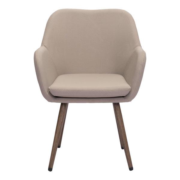 A stylish taupe dining chair made of sunproof fabric, featuring plush cushioning and durable aluminum legs with a wood-tone finish, perfect for outdoor use.