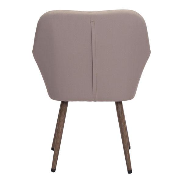 A stylish taupe dining chair made of sunproof fabric, featuring plush cushioning and durable aluminum legs with a wood-tone finish, perfect for outdoor use.