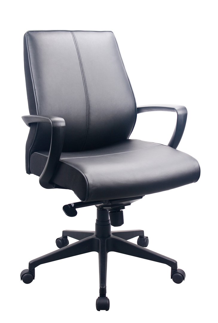 A stylish black leather office chair with adjustable features, padded seat, and metal base with caster wheels, perfect for any workspace.