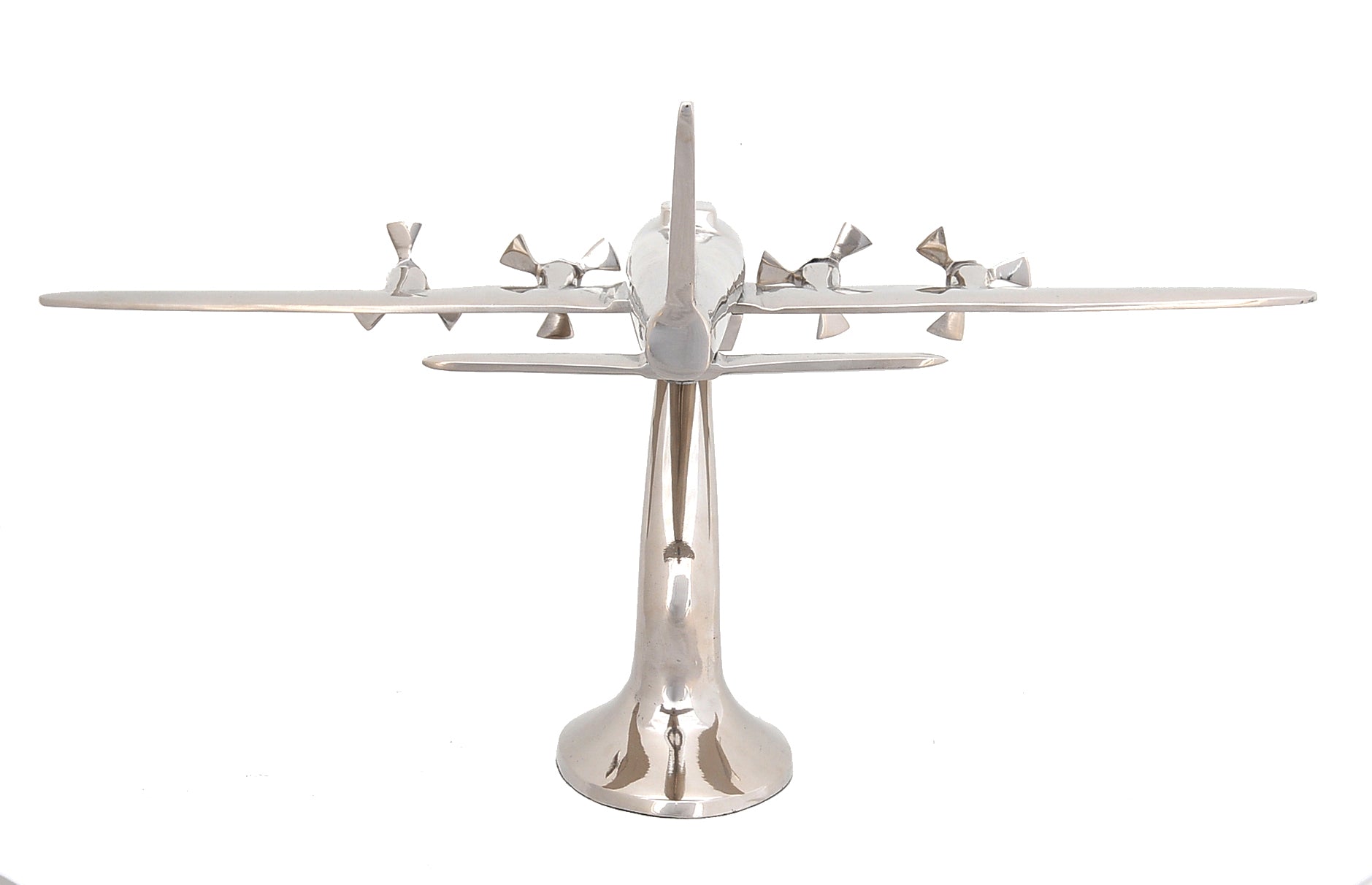 A detailed aluminum model of a WWII aeroplane with four spinning propellers, showcasing a shiny nickel finish.