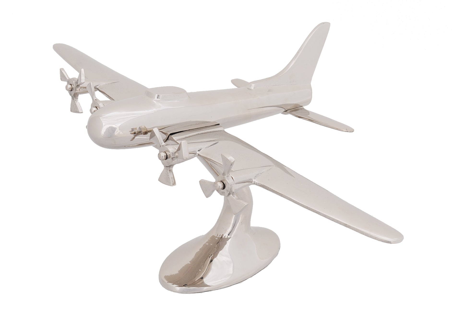 A detailed aluminum model of a WWII aeroplane with four spinning propellers, showcasing a shiny nickel finish.