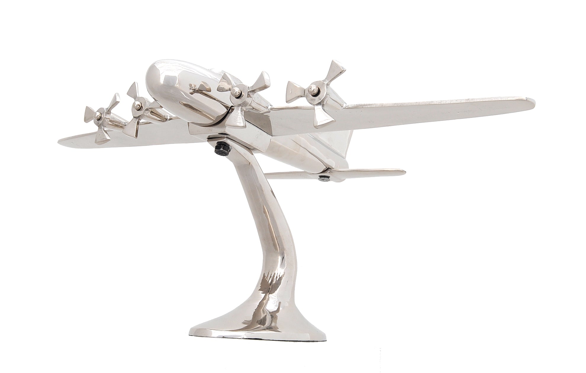 A detailed aluminum model of a WWII aeroplane with four spinning propellers, showcasing a shiny nickel finish.