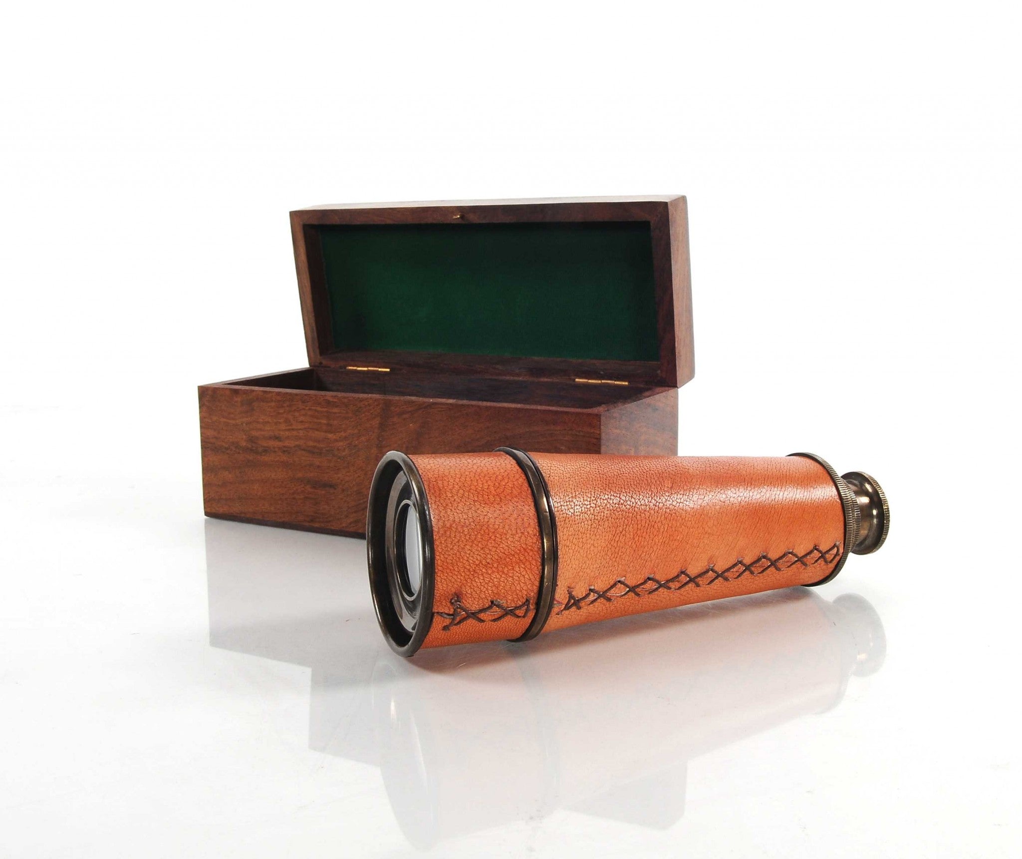 A beautifully crafted handheld telescope made of brass, featuring an antique leather overlay, displayed in an elegant rosewood gift box.