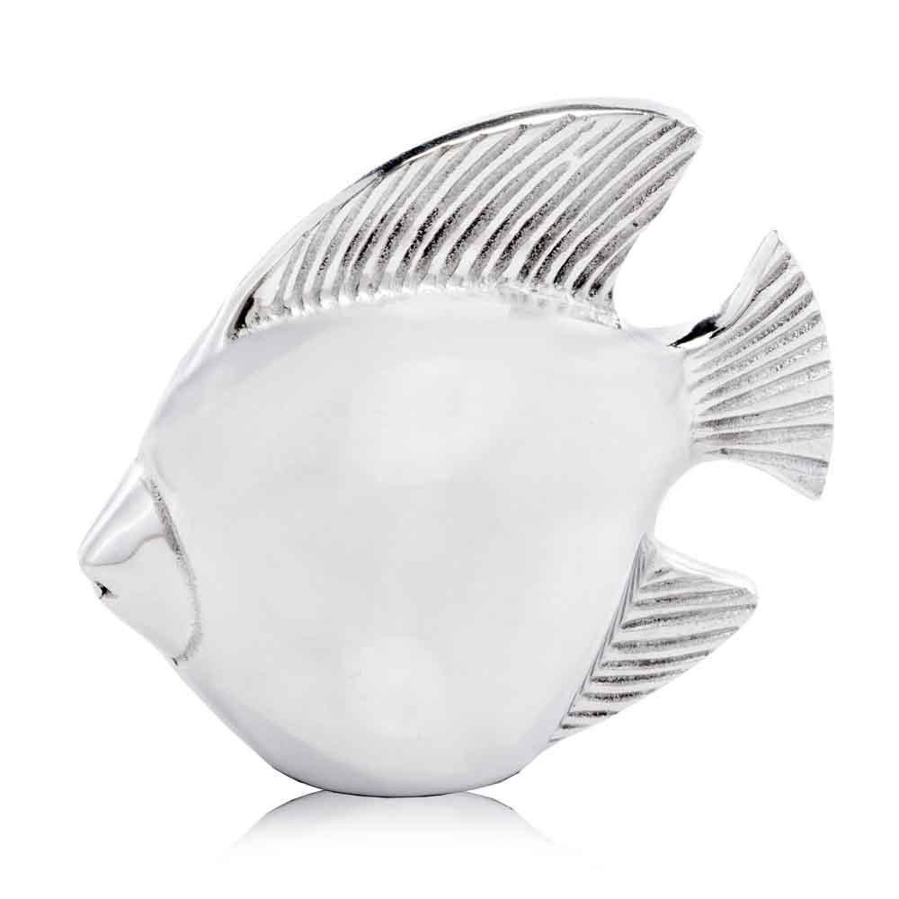 A modern buffed fish sculpture measuring 2.5x6x6 inches, crafted from high-grade aluminum with a shiny finish, perfect for home decor.