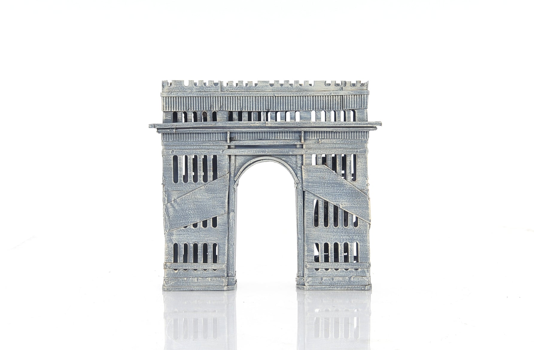 Handmade Arc de Triomphe Saving Box made of 100% iron, featuring a vintage painted design, coin slot on top, and removable rubber plug at the bottom.