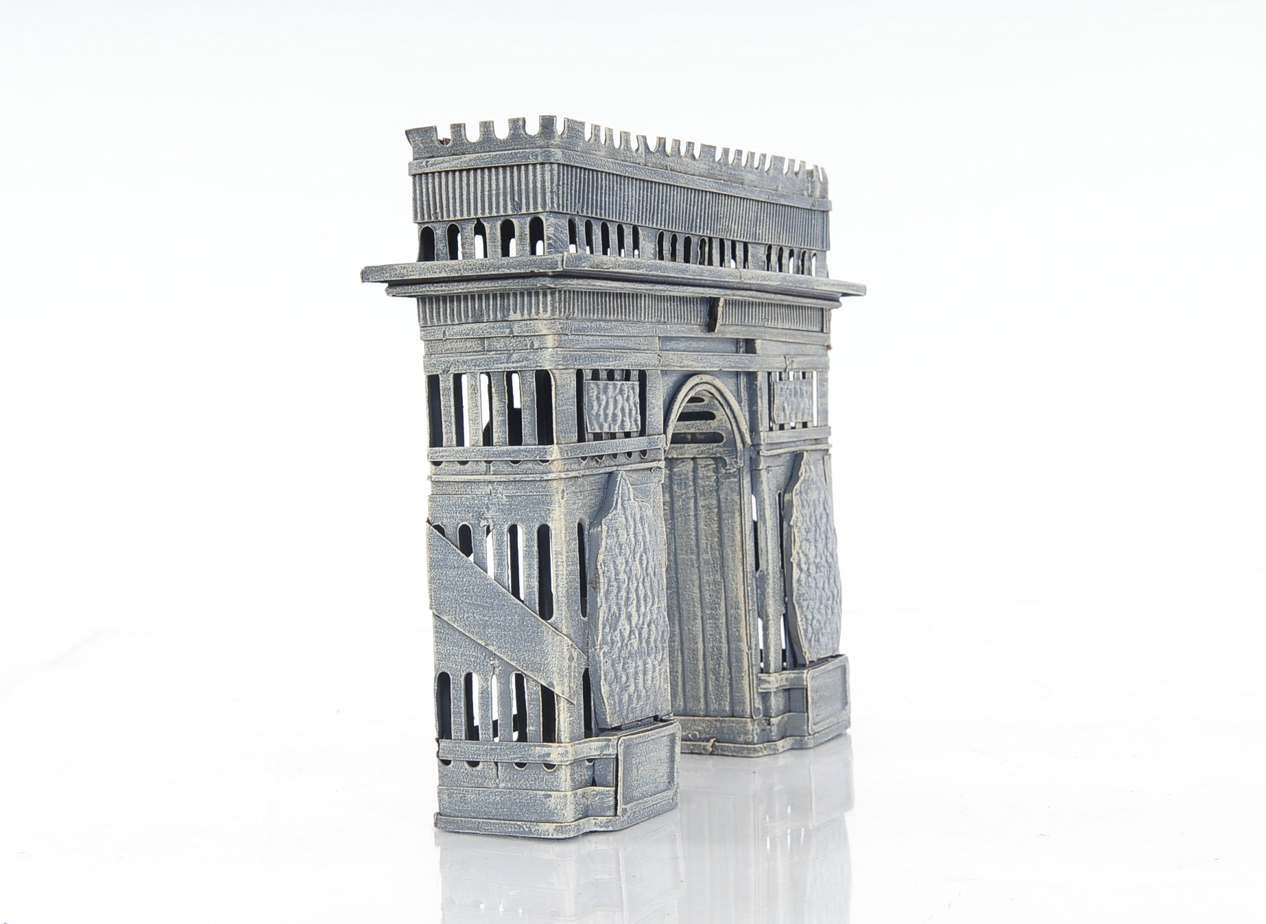 Handmade Arc de Triomphe Saving Box made of 100% iron, featuring a vintage painted design, coin slot on top, and removable rubber plug at the bottom.