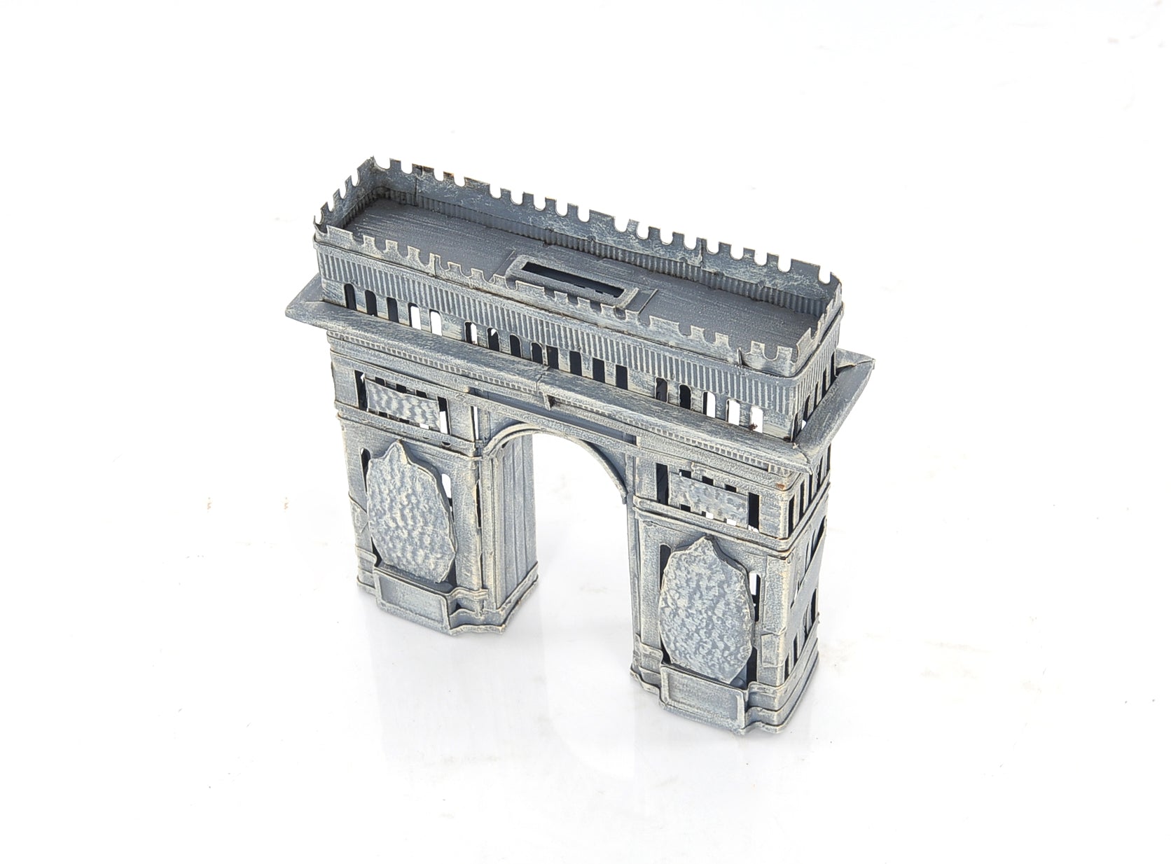 Handmade Arc de Triomphe Saving Box made of 100% iron, featuring a vintage painted design, coin slot on top, and removable rubber plug at the bottom.