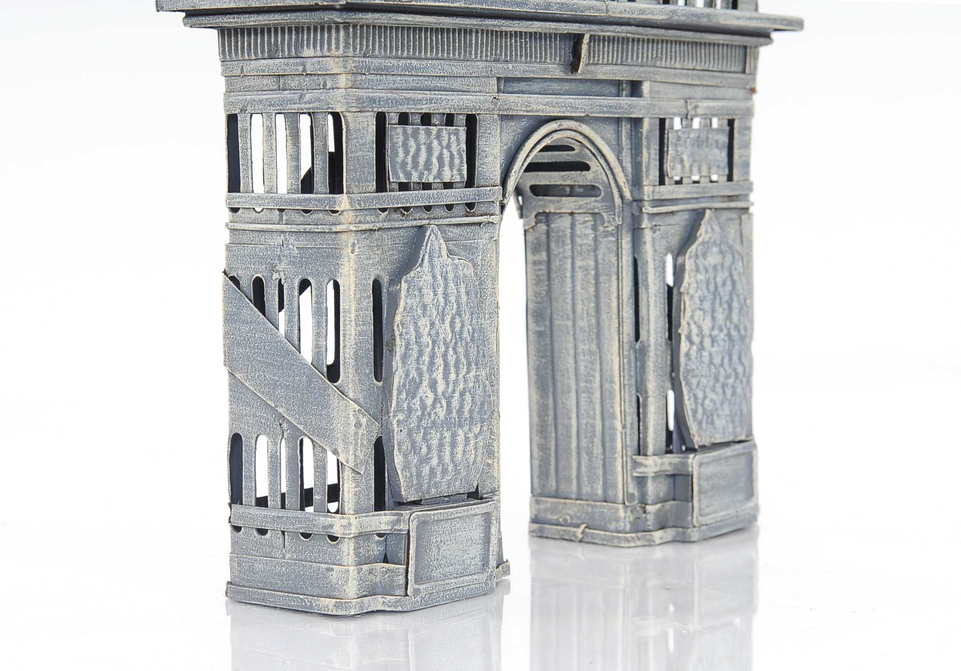 Handmade Arc de Triomphe Saving Box made of 100% iron, featuring a vintage painted design, coin slot on top, and removable rubber plug at the bottom.