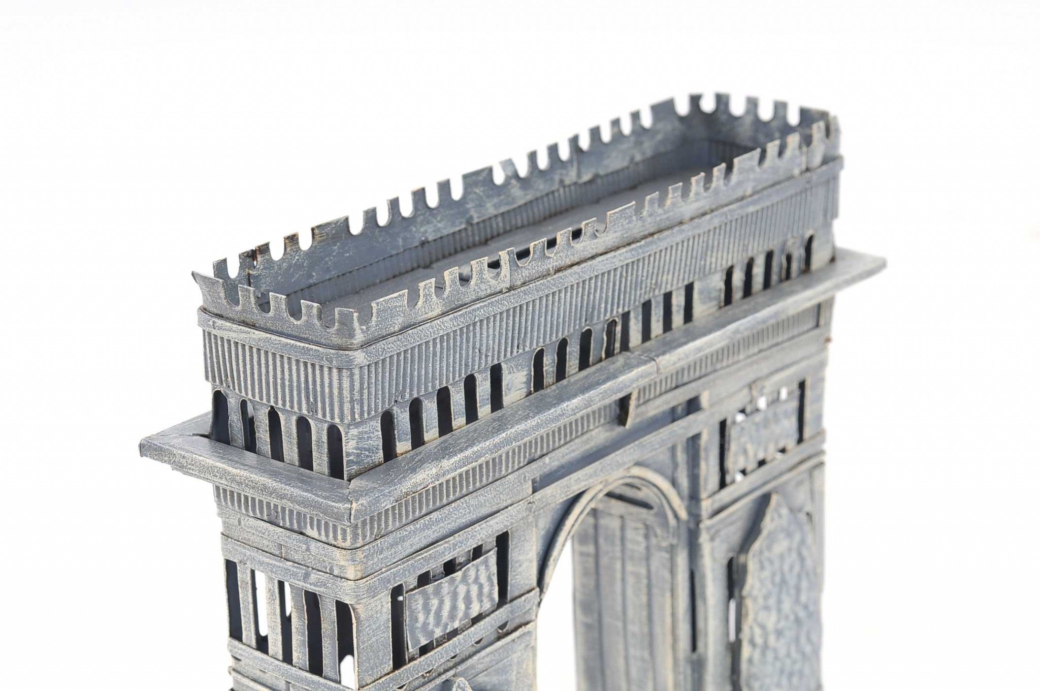 Handmade Arc de Triomphe Saving Box made of 100% iron, featuring a vintage painted design, coin slot on top, and removable rubber plug at the bottom.