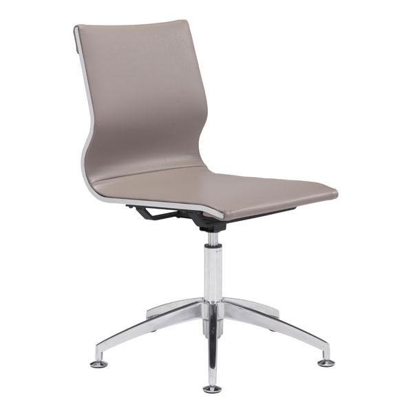 A stylish taupe leatherette conference chair with a chrome star base, designed for comfort and modern office aesthetics.