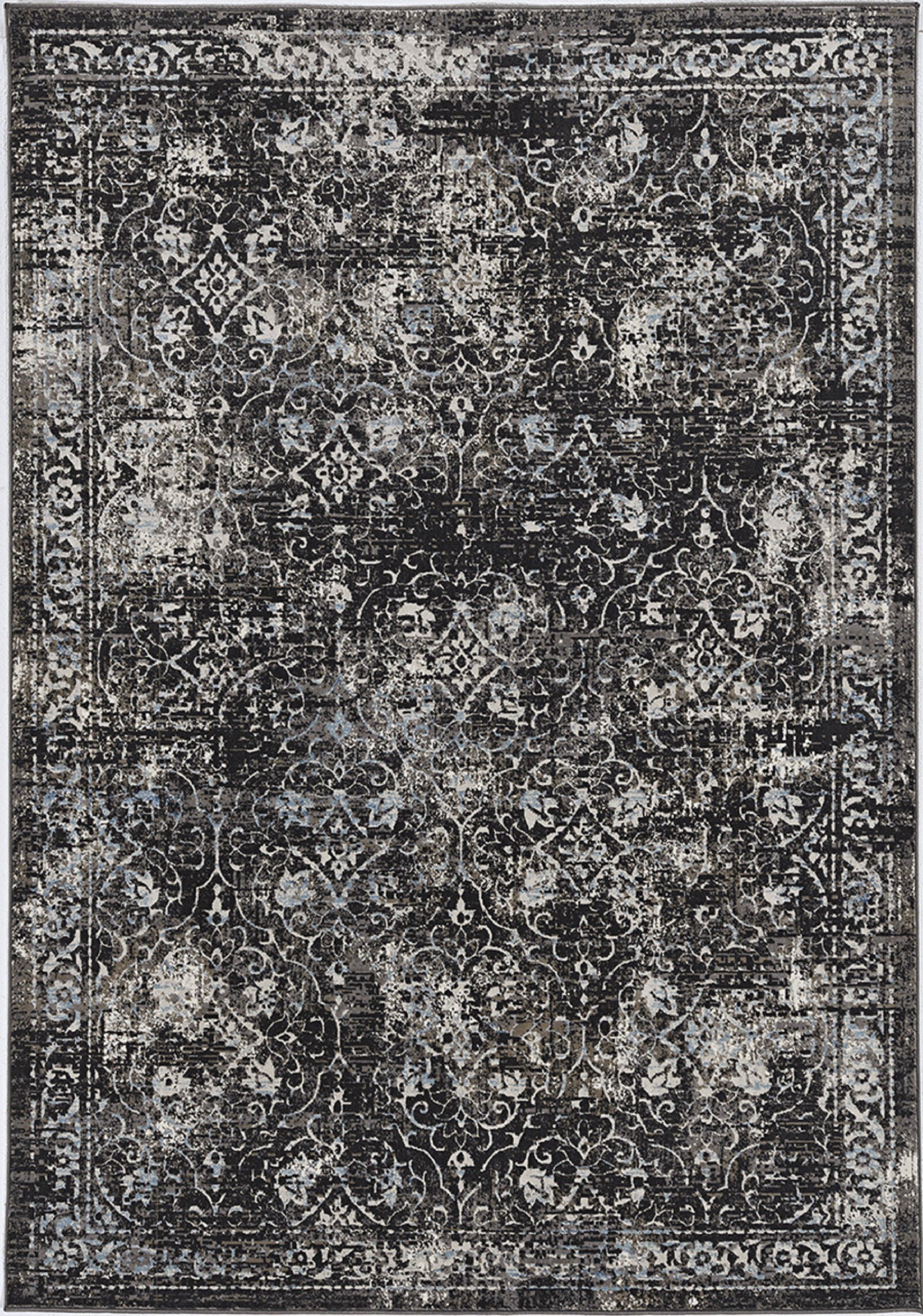 A beautiful 26" x 83" Midnight Polypropylene or Viscose Rug featuring modern vintage distressed patterns with soft sheen highlights.