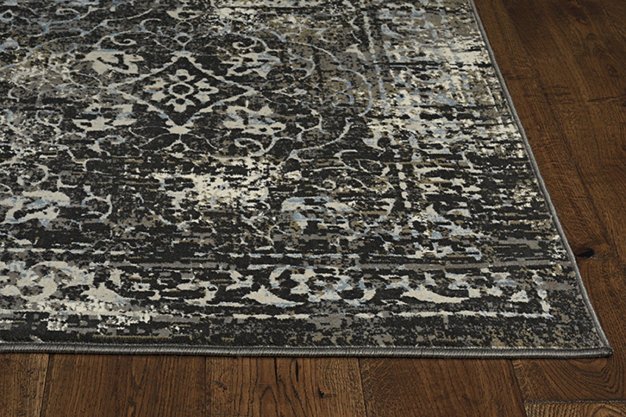 A beautiful 26" x 83" Midnight Polypropylene or Viscose Rug featuring modern vintage distressed patterns with soft sheen highlights.