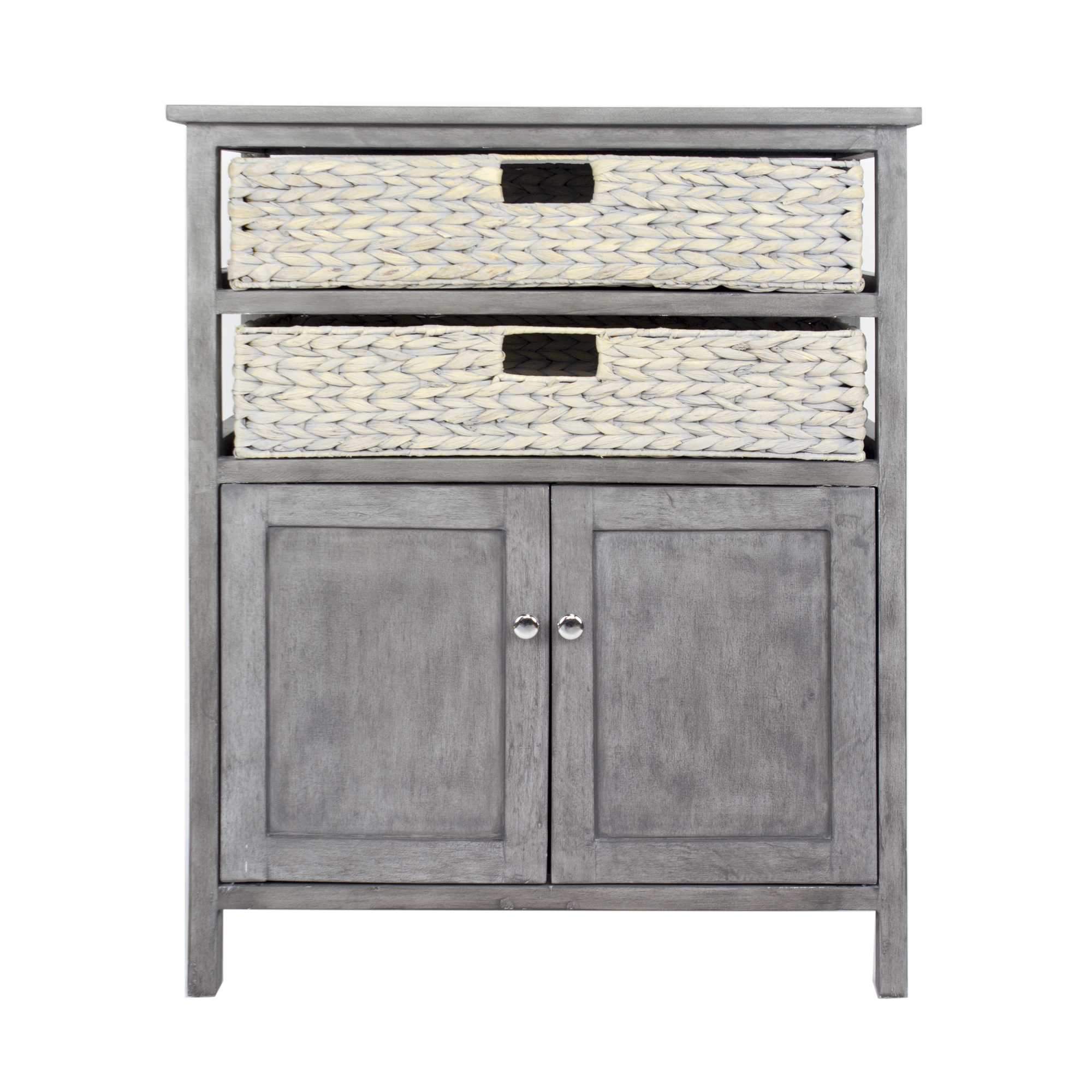 A stylish grey wood MDF accent cabinet with water hyacinth detailing, measuring 26.5" x 15" x 31.5", perfect for home organization.