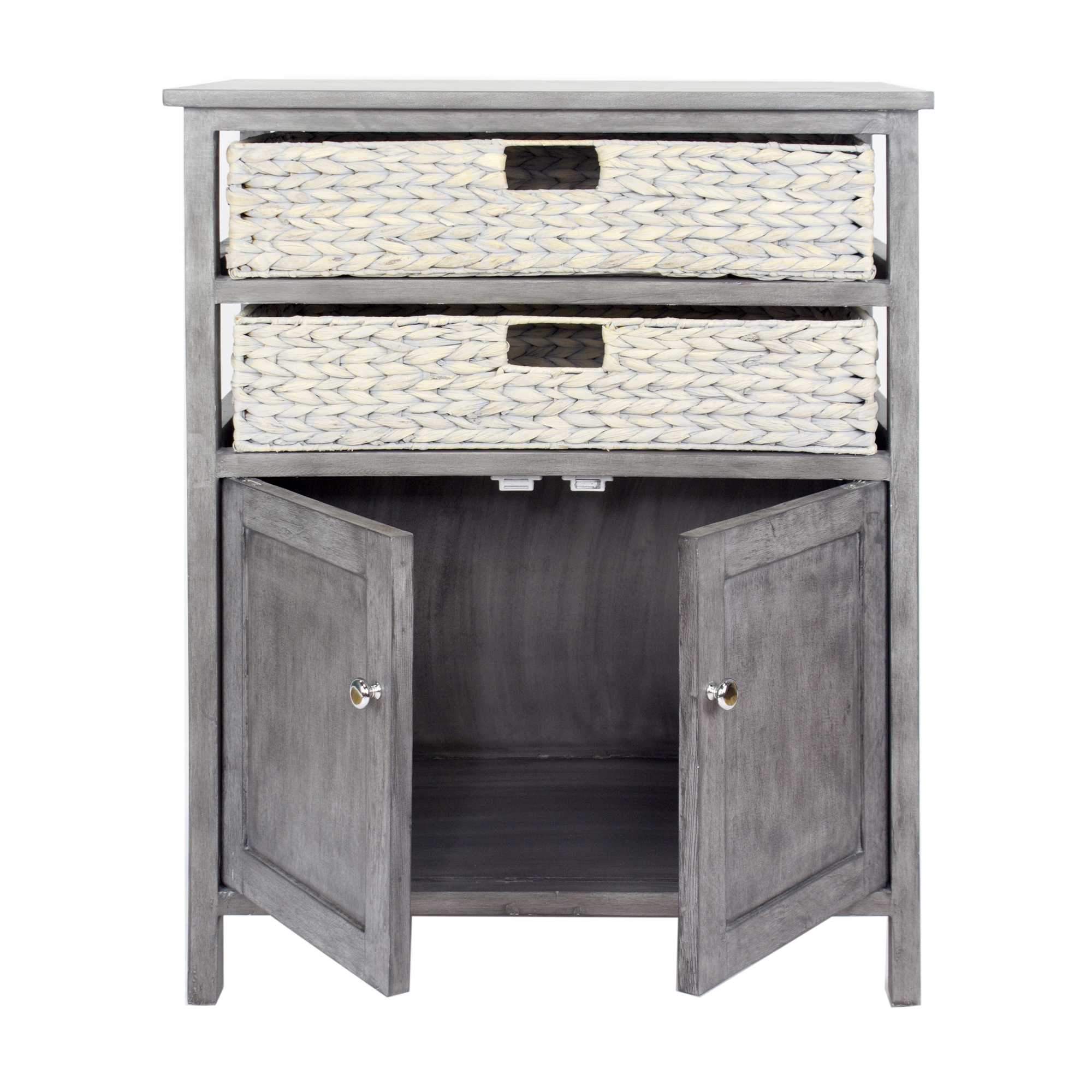 A stylish grey wood MDF accent cabinet with water hyacinth detailing, measuring 26.5" x 15" x 31.5", perfect for home organization.