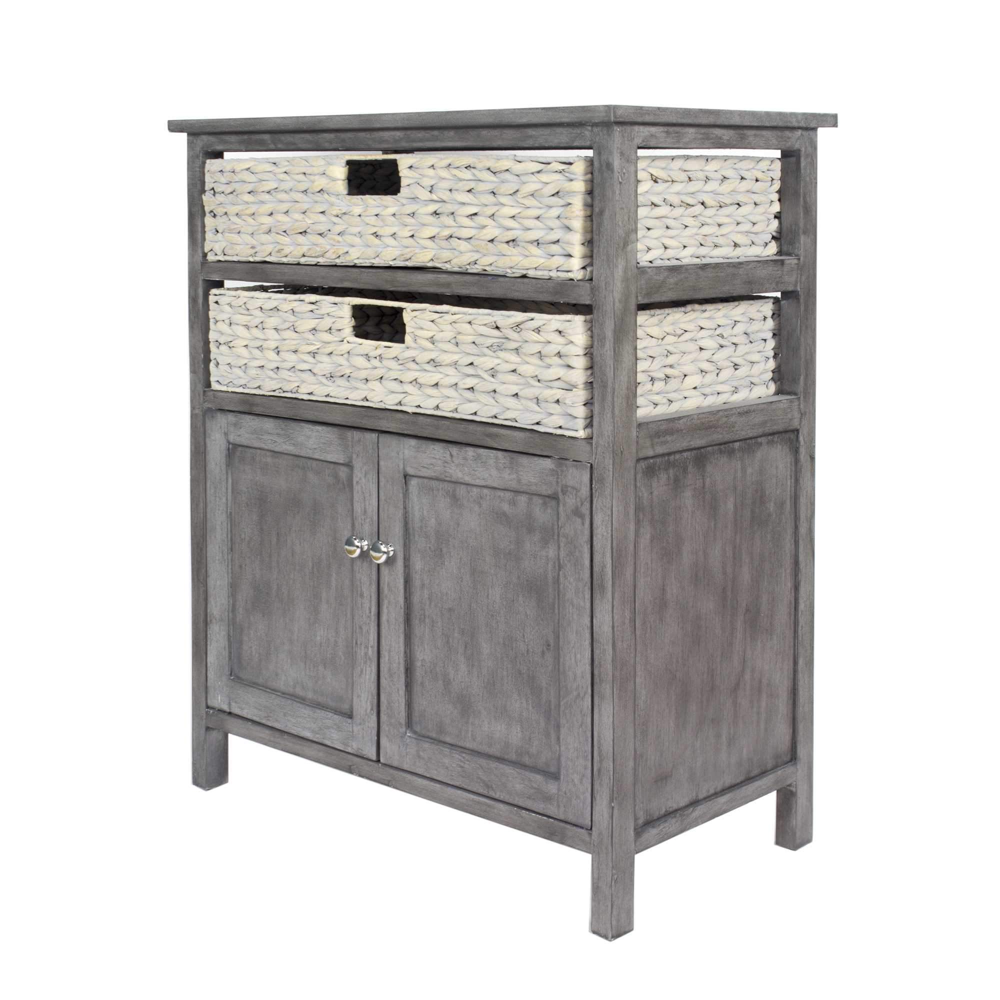 A stylish grey wood MDF accent cabinet with water hyacinth detailing, measuring 26.5" x 15" x 31.5", perfect for home organization.