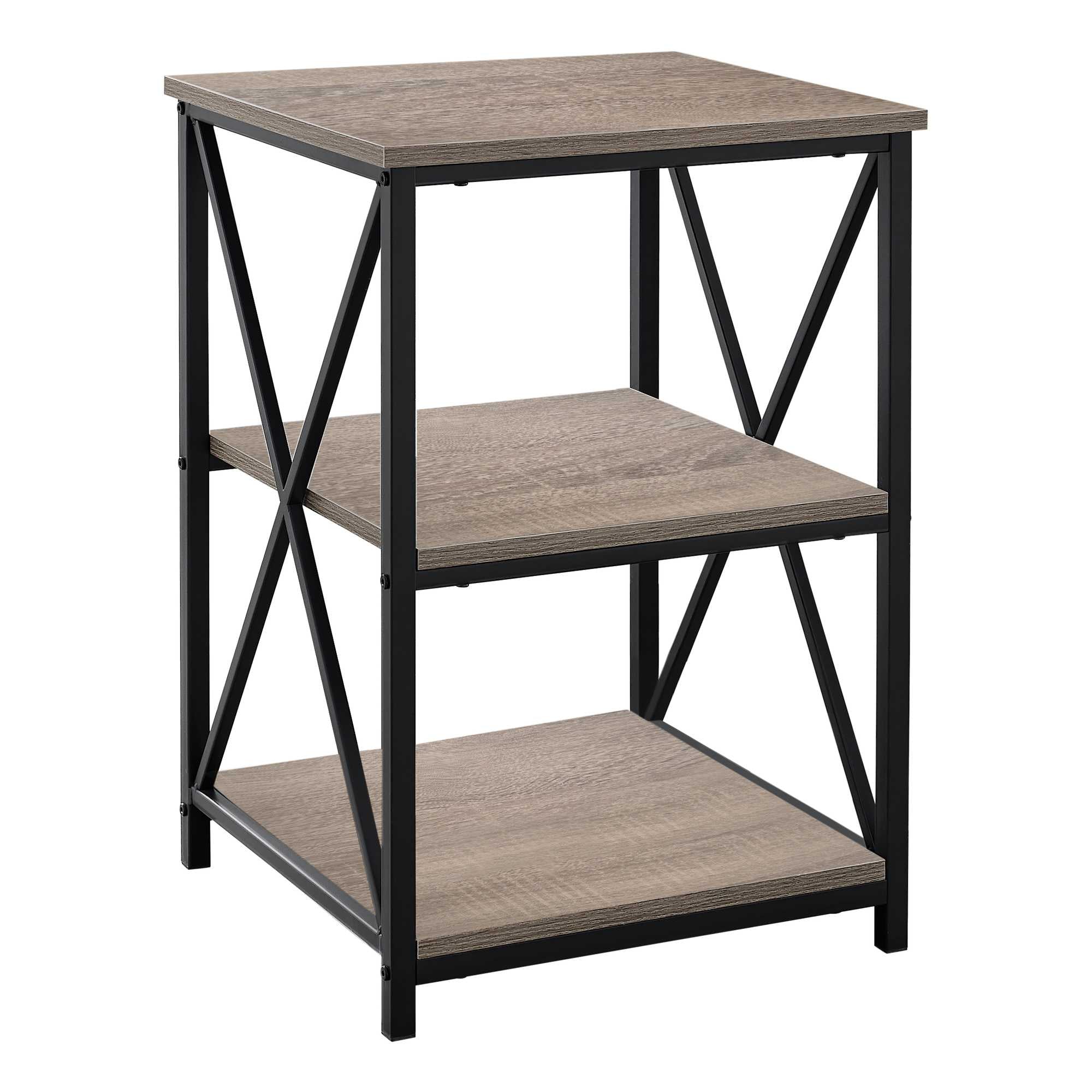 26-inch rectangular dark taupe black metal accent table with X design legs and two open shelves.