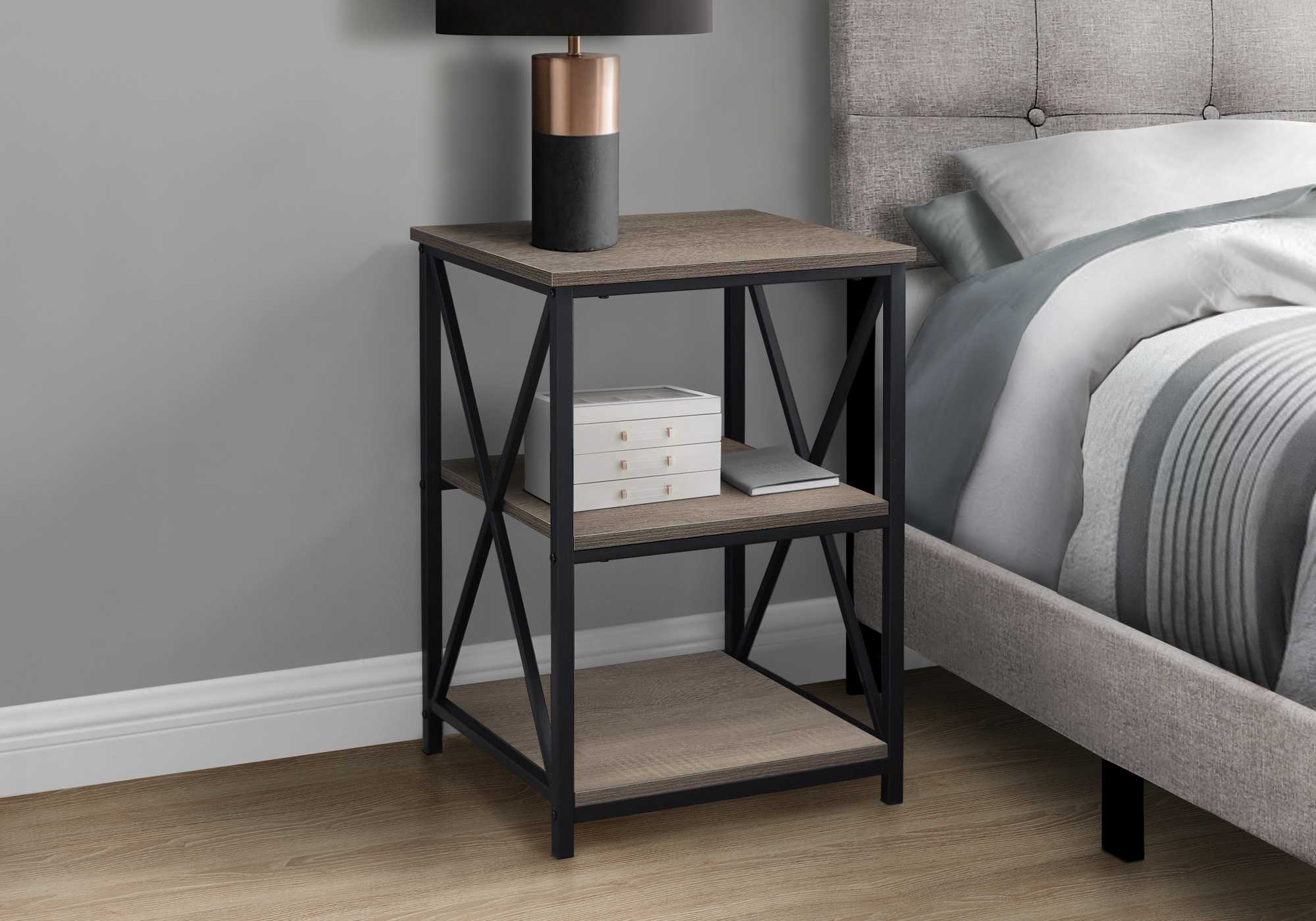 26-inch rectangular dark taupe black metal accent table with X design legs and two open shelves.