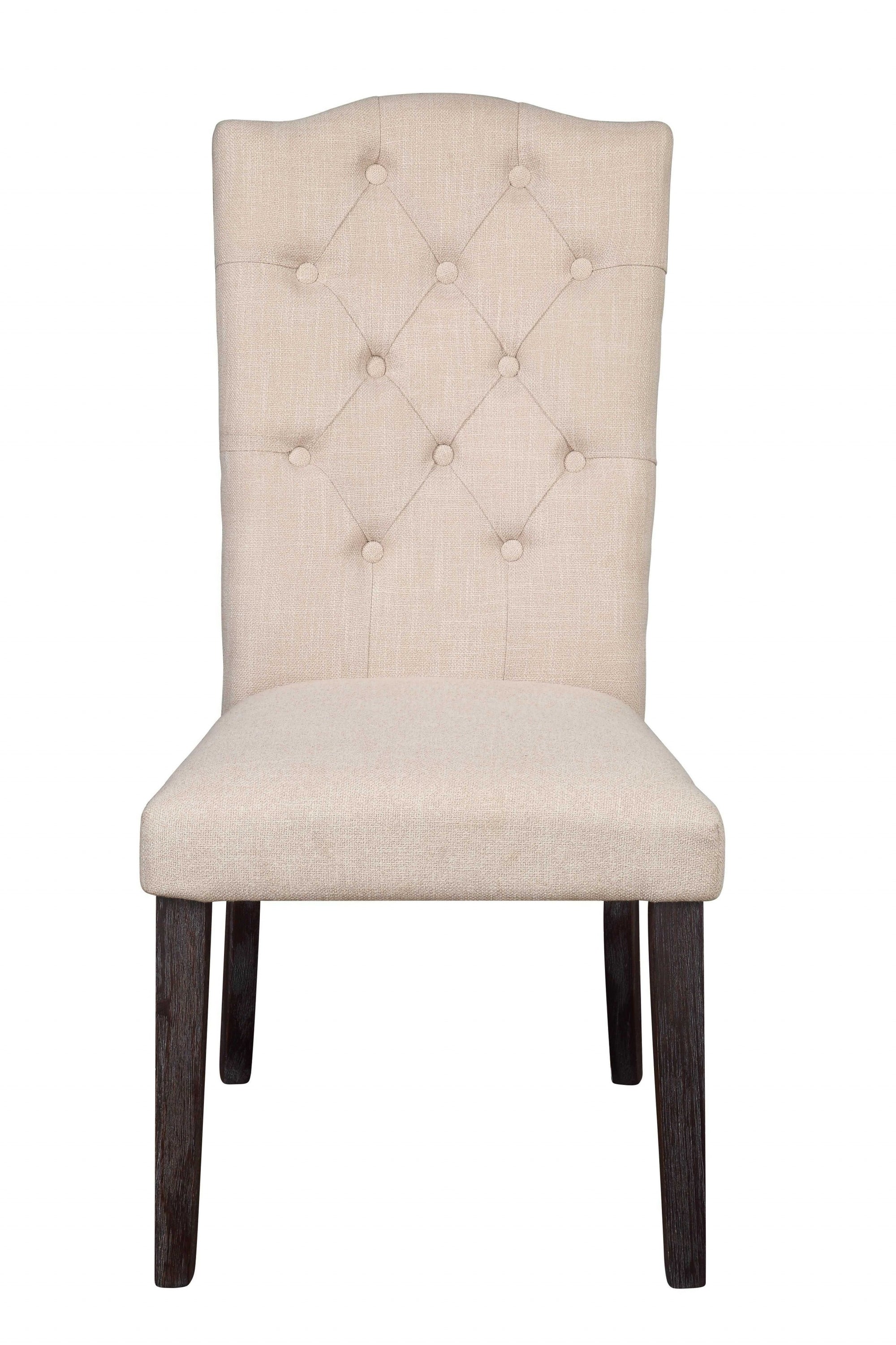 Set of 2 elegant dining chairs with beige linen upholstery and weathered espresso finish legs, featuring a high backrest and button-tufted design.