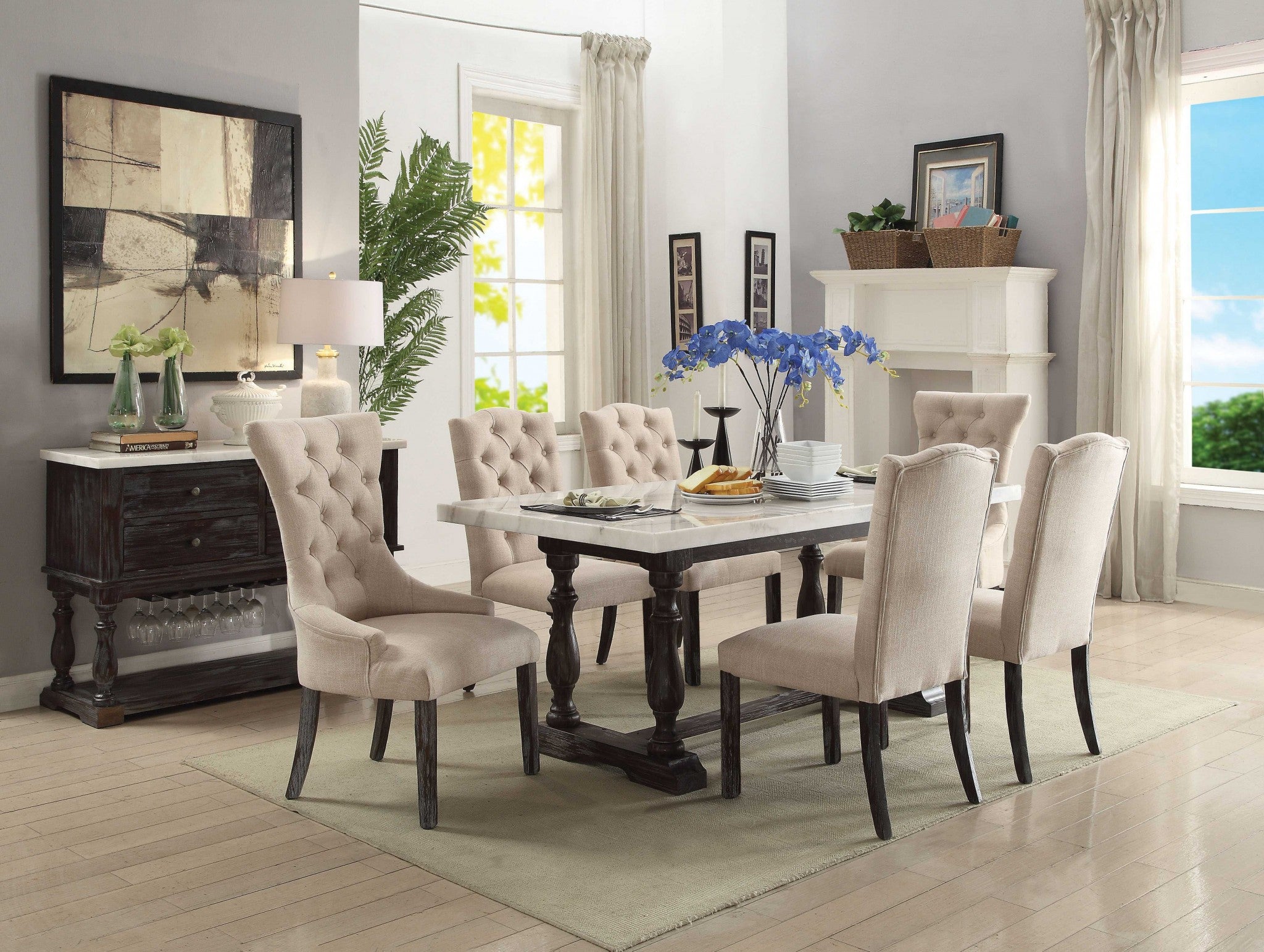 Set of 2 elegant dining chairs with beige linen upholstery and weathered espresso finish legs, featuring a high backrest and button-tufted design.