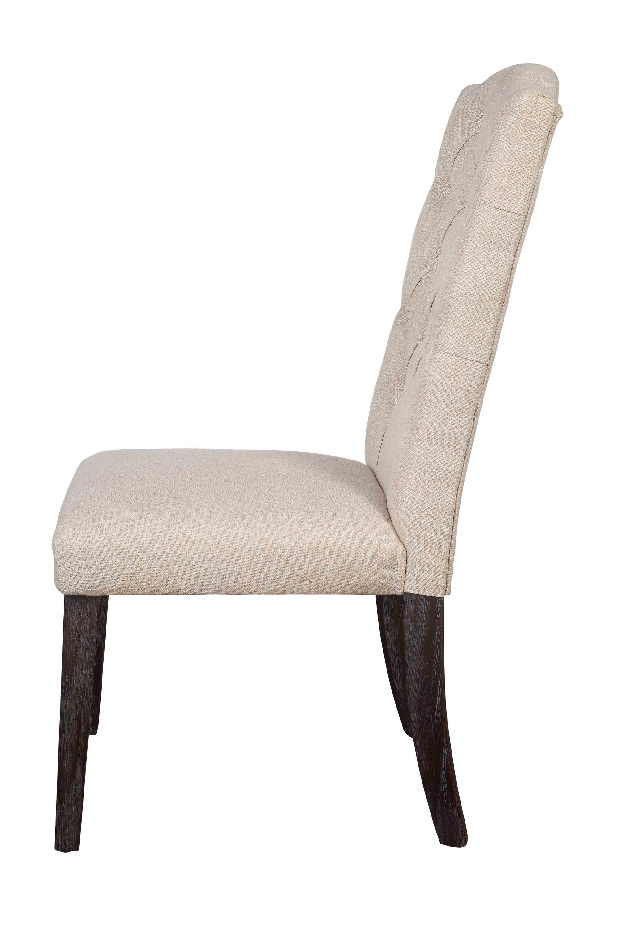 Set of 2 elegant dining chairs with beige linen upholstery and weathered espresso finish legs, featuring a high backrest and button-tufted design.