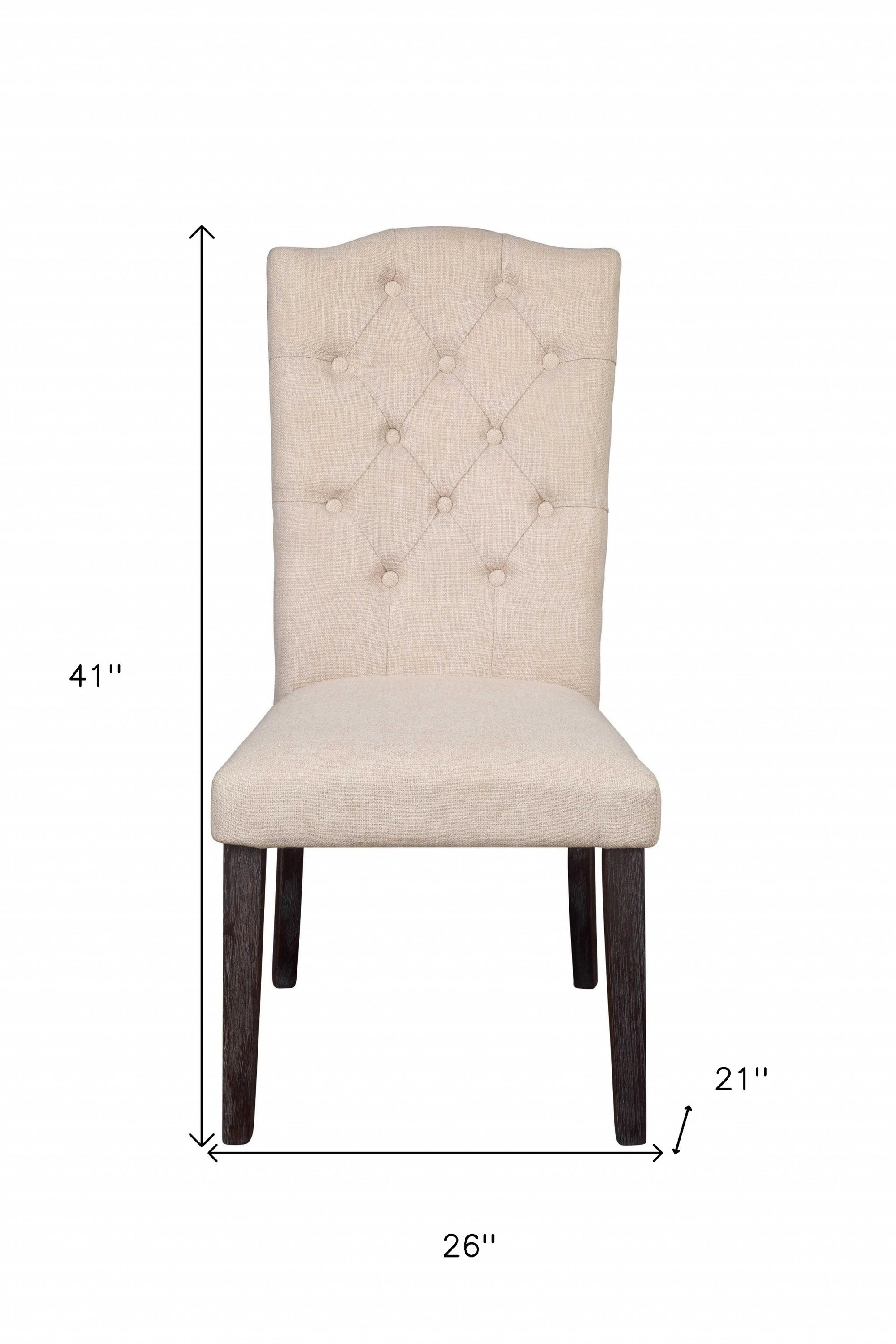 Set of 2 elegant dining chairs with beige linen upholstery and weathered espresso finish legs, featuring a high backrest and button-tufted design.