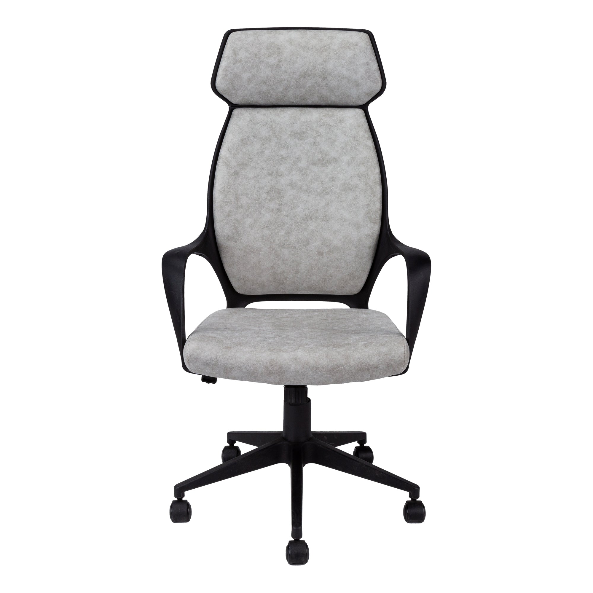 Stylish black office chair made of foam and microfiber, featuring adjustable height and five black castors, perfect for modern workspaces.