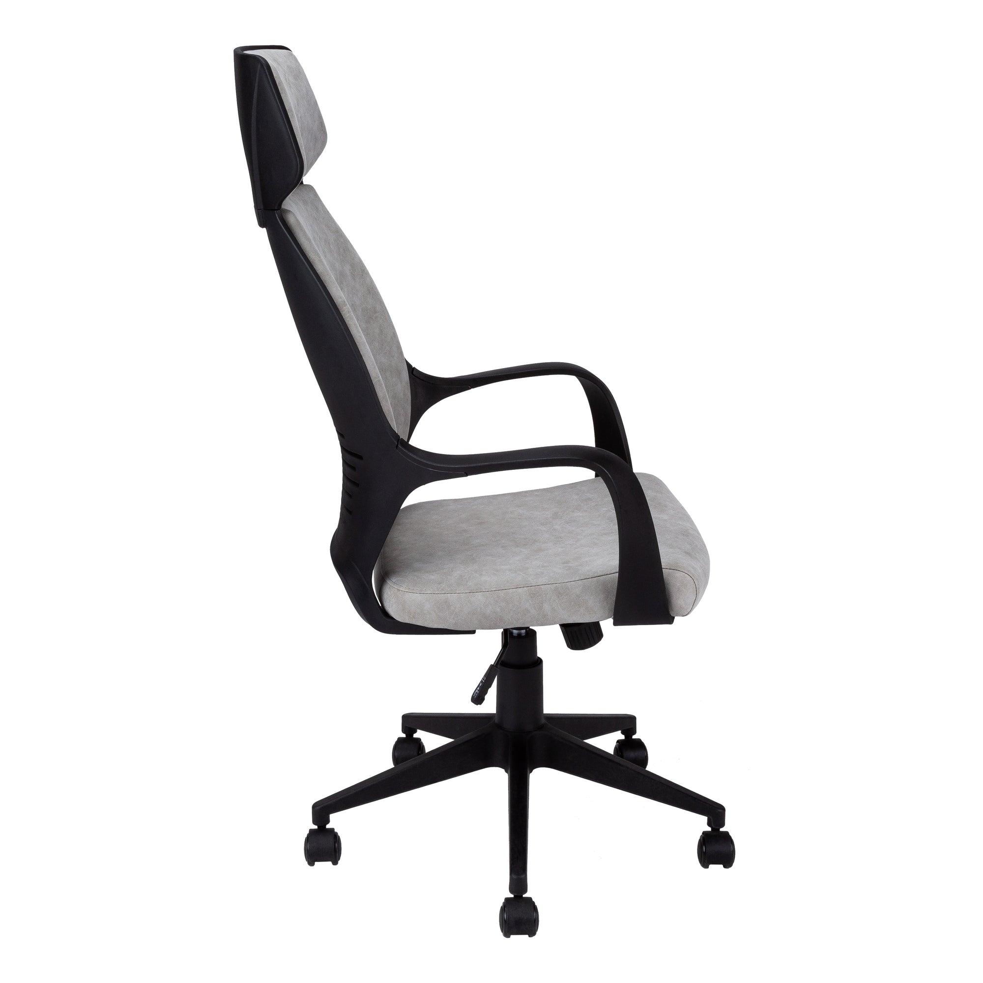 Stylish black office chair made of foam and microfiber, featuring adjustable height and five black castors, perfect for modern workspaces.