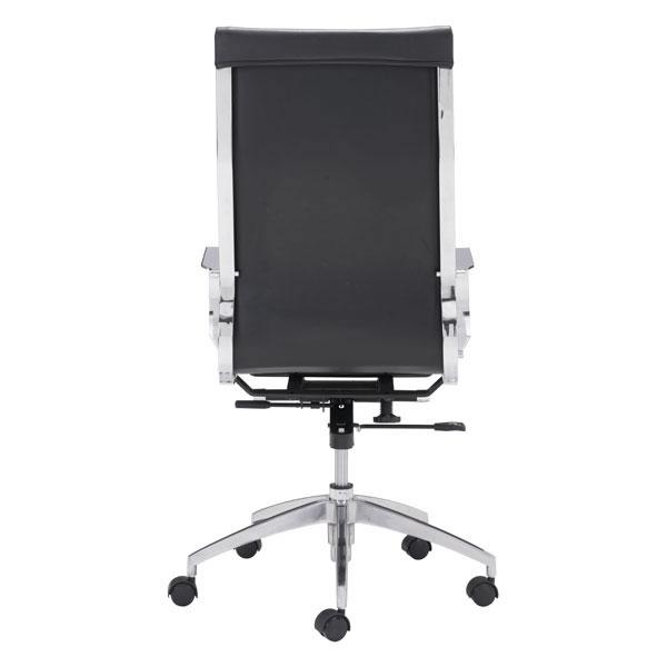 A luxurious black leatherette back office chair featuring chrome arms, lumbar support, and a sleek design, perfect for modern office environments.