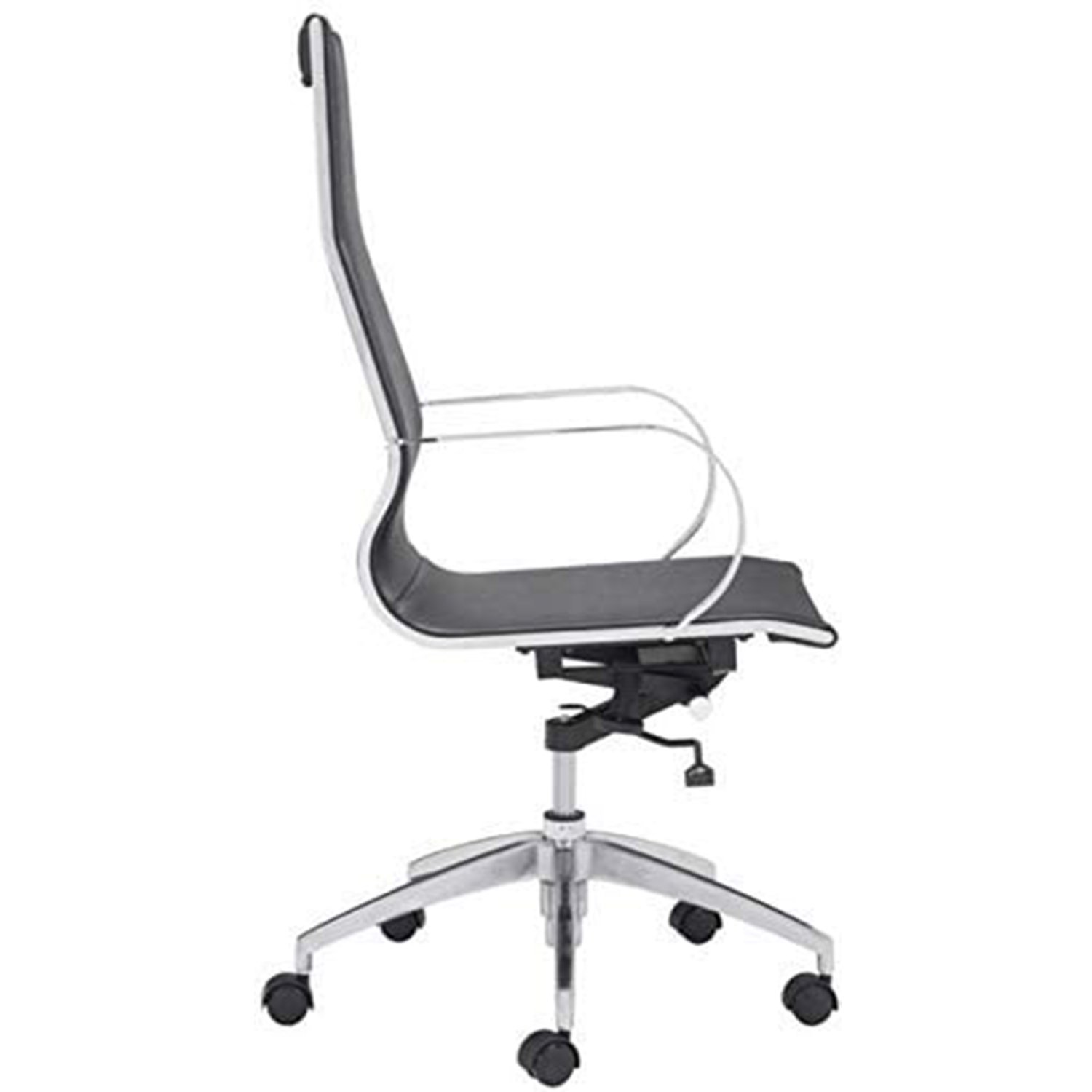 A luxurious black leatherette back office chair featuring chrome arms, lumbar support, and a sleek design, perfect for modern office environments.