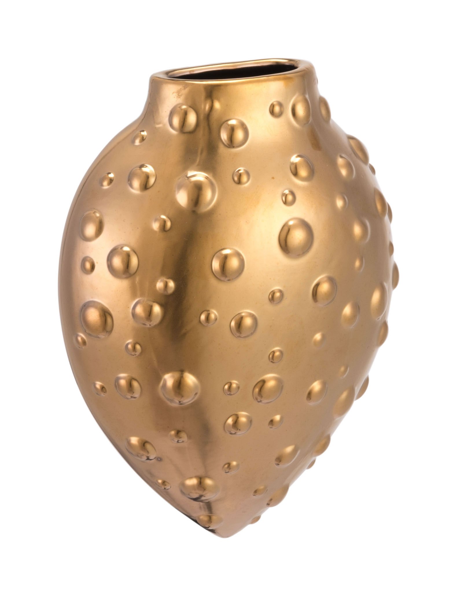 Matte gold Puntos wall vase with a bubbled surface, elegantly displayed on a wall, showcasing its luxurious design.