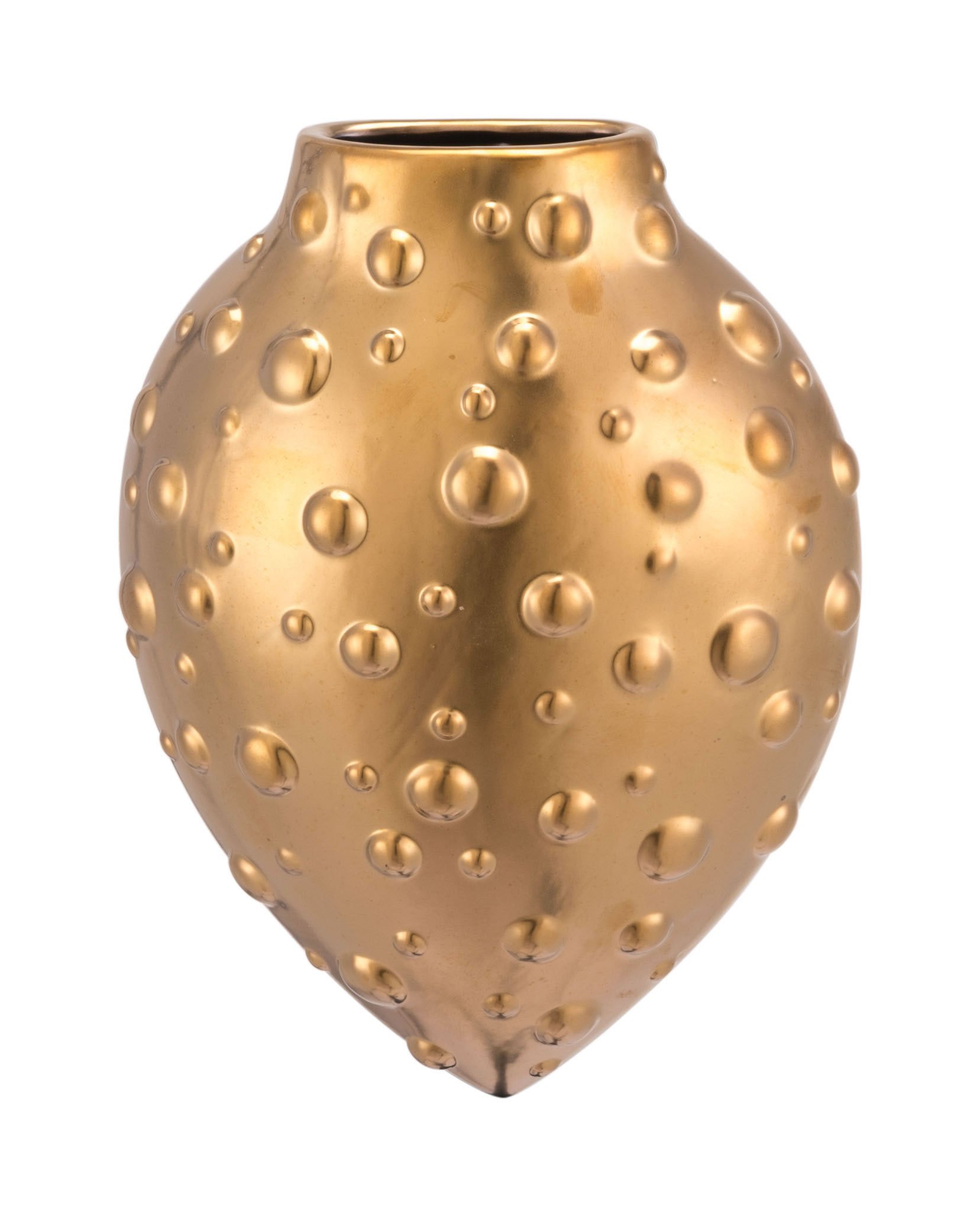 Matte gold Puntos wall vase with a bubbled surface, elegantly displayed on a wall, showcasing its luxurious design.