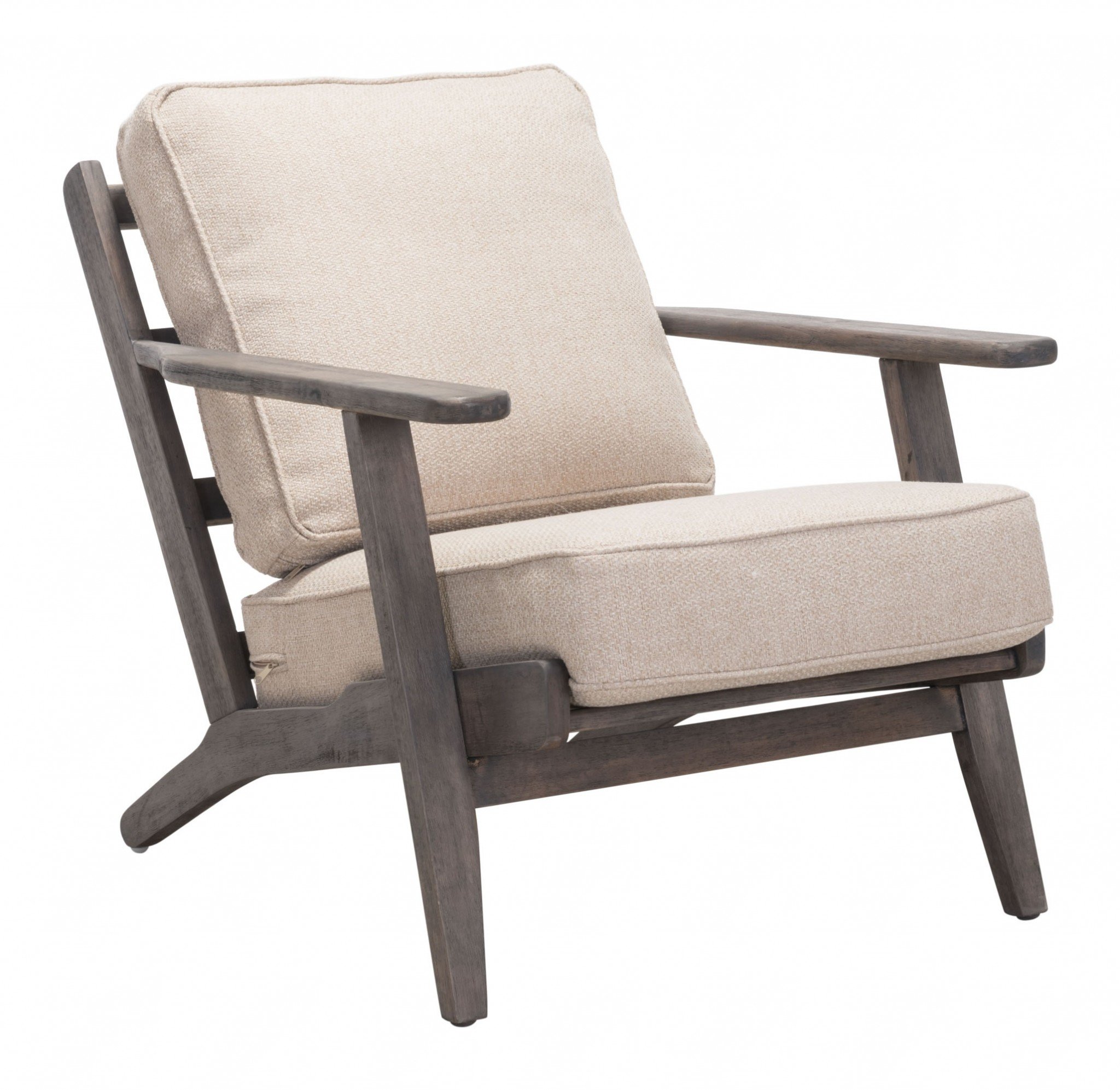 A stylish lounge chair featuring a beige and dark brown color scheme, designed for comfort with soft cushions and a sturdy rubber wood frame.