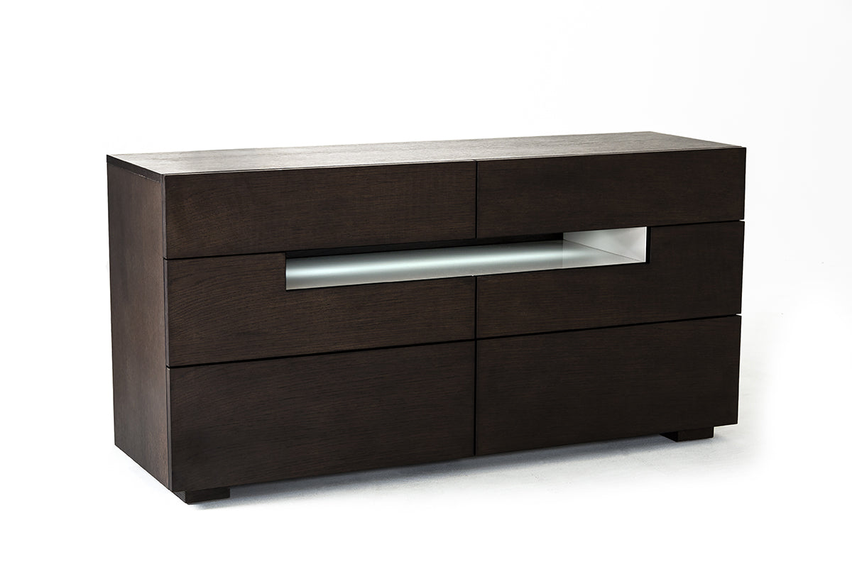 28-inch brown oak and grey MDF dresser featuring LED lights and six spacious drawers, perfect for stylish storage solutions.