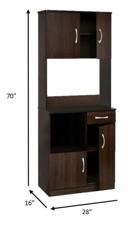 28x16x70 inches espresso kitchen cabinet with four doors and one drawer, showcasing a sleek design and elegant finish.