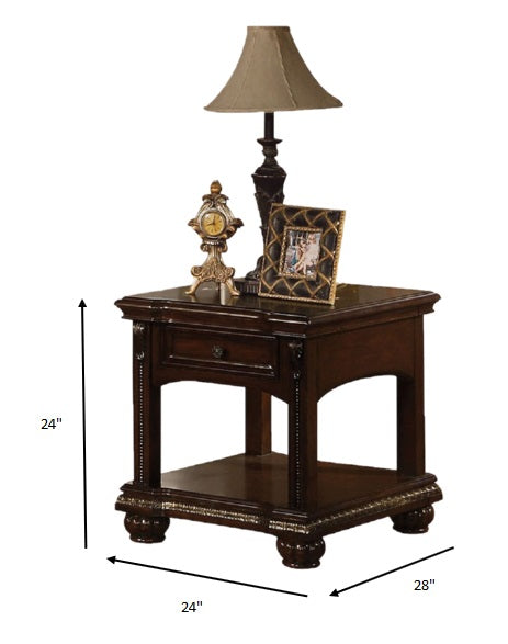 28 inches by 24 inches by 24 inches cherry wood veneer end table with glass insert top and storage drawer, featuring turned legs and reeded bun footing.