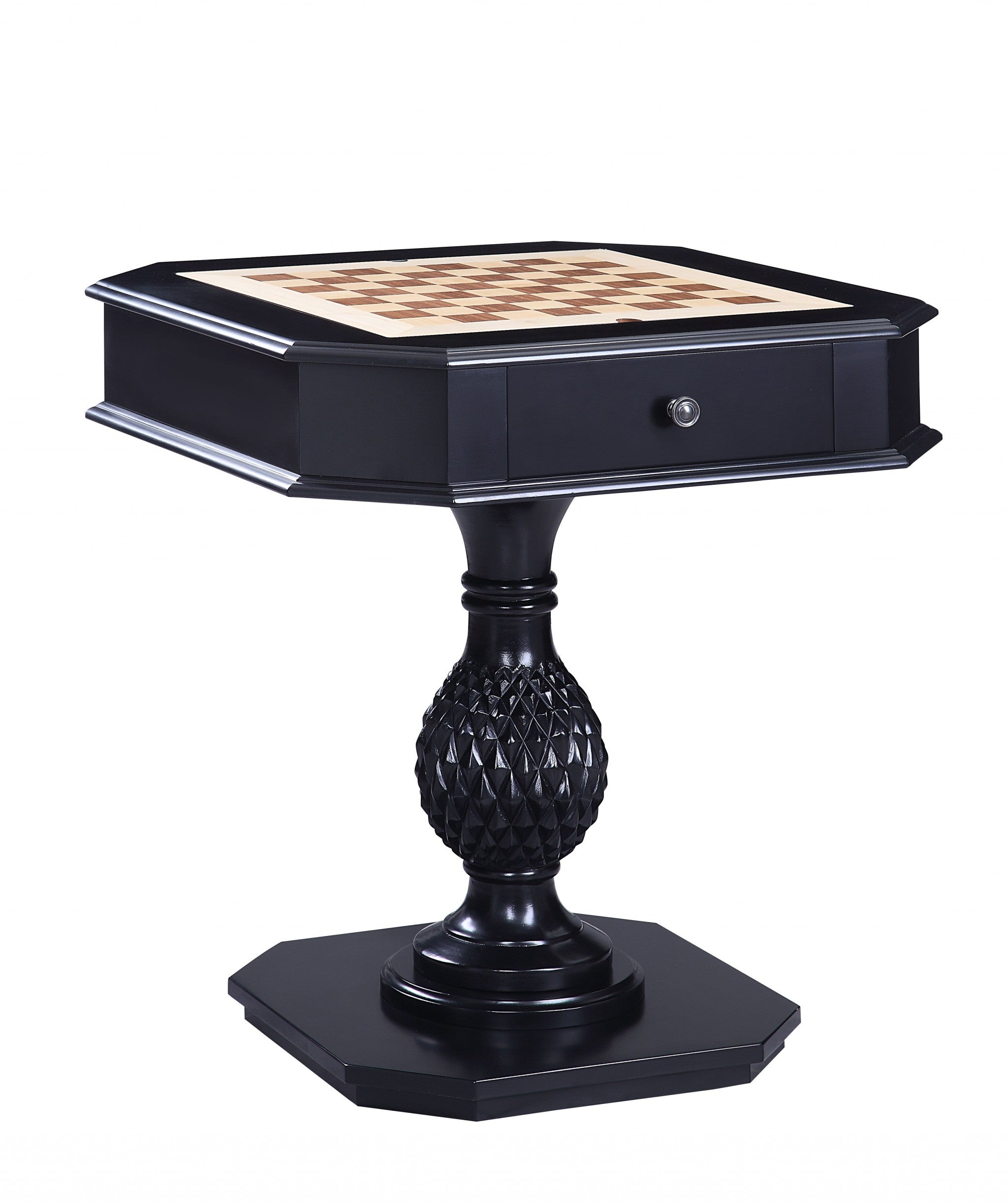 28 inches X 28 inches X 30 inches black wood poly-resin game table with intricate design and sturdy turned base, perfect for contemporary homes.