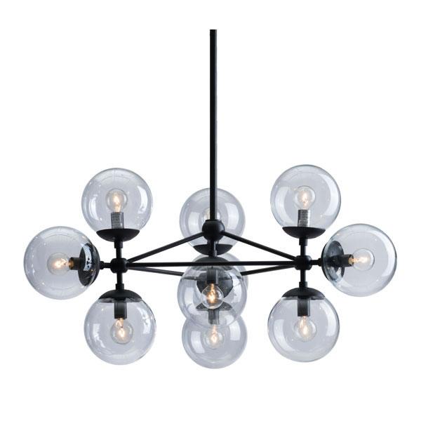 A stylish black glass metal ceiling lamp featuring 10 bronze blown glass orb shades, designed for modern interiors.