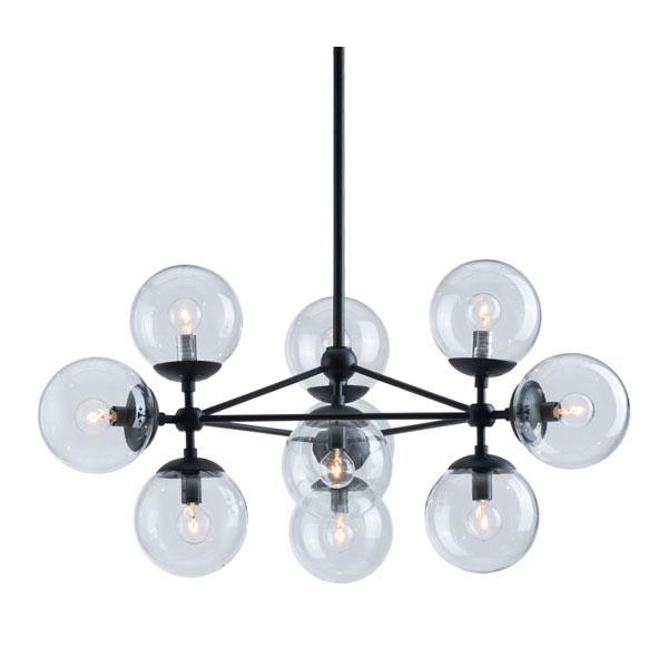 A stylish black glass metal ceiling lamp featuring 10 bronze blown glass orb shades, designed for modern interiors.