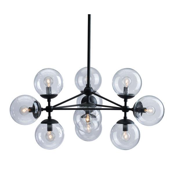 A stylish black glass metal ceiling lamp featuring 10 bronze blown glass orb shades, designed for modern interiors.