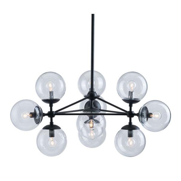 A stylish black glass metal ceiling lamp featuring 10 bronze blown glass orb shades, designed for modern interiors.