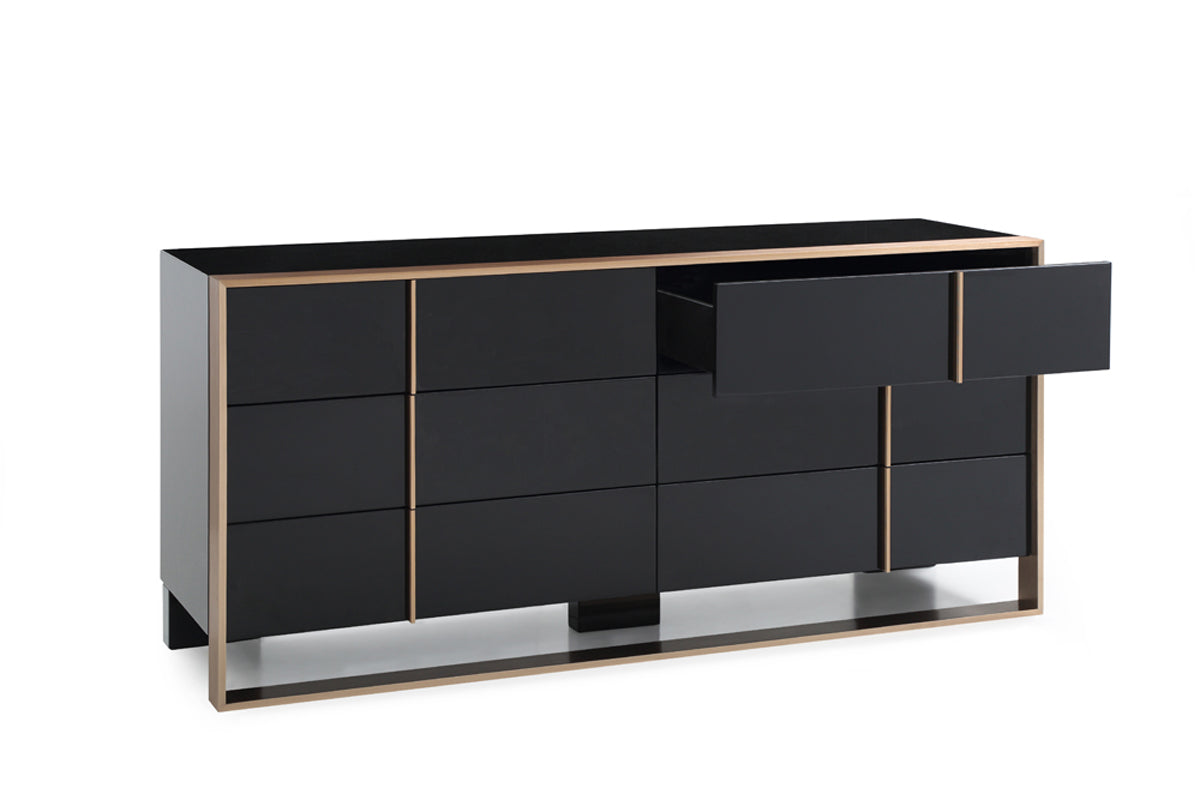 29 inches black and brushed bronze dresser with four drawers, showcasing a stylish design suitable for modern interiors.