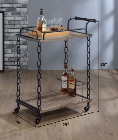 Rustic Oak and Antique Black Serving Cart with two shelves and wine bottle rack, featuring elegant caster wheels for mobility.